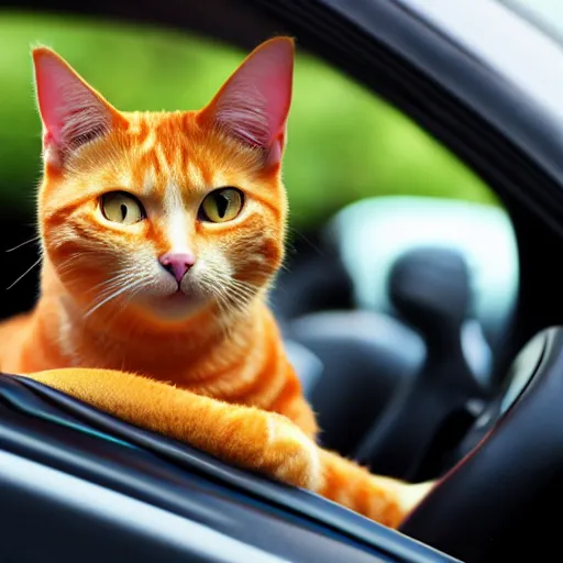 Image similar to an orange tabby cat driving a car