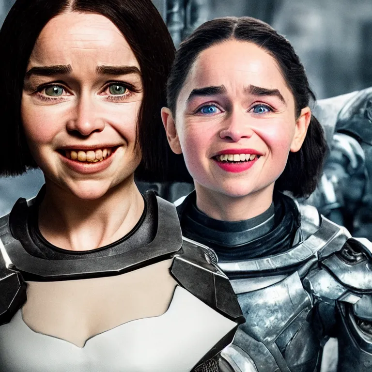 Image similar to scifi emilia clarke looks like alita battle angel, big eyes, smiling face, extremely high detail, extremely high detailed face, cyborg, photorealism, emilia clarke, sony a 7 r