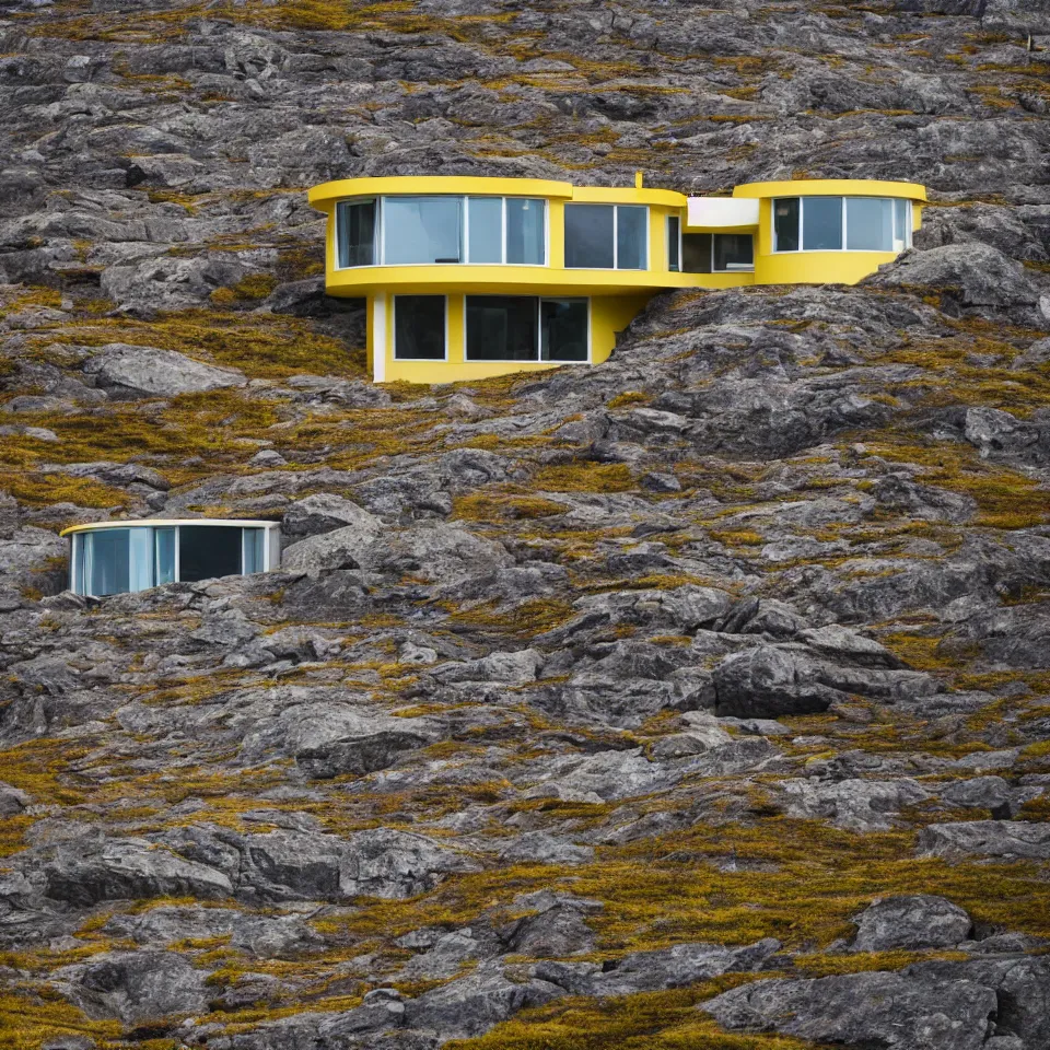 Prompt: a mid-century modern house on top of a cliff in the arctic, designed by Frank Gehry, with a long pathway toward it. Big tiles. Film grain, cinematic, yellow hue