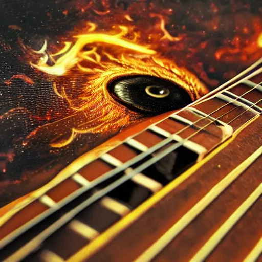 Image similar to eyes, fire, guitar, extremely Highly detailed, Occult, funny, humorous, humor, hilarious, funny, entertaining, magical, trending on artstationHQ, closeup, D&D, intricate, elegant, highly detailed, digital painting, artstation, concept art, matte, sharp focus, illustration, surrealism