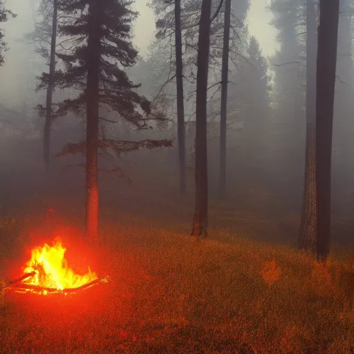 Image similar to burning cabin in the woods volumetric lighting foggy