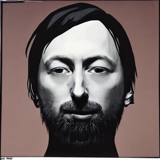 Image similar to Yorke Radiohead thom, with a beard and a black jacket, a portrait by John E. Berninger, dribble, neo-expressionism, uhd image, studio portrait, 1990s