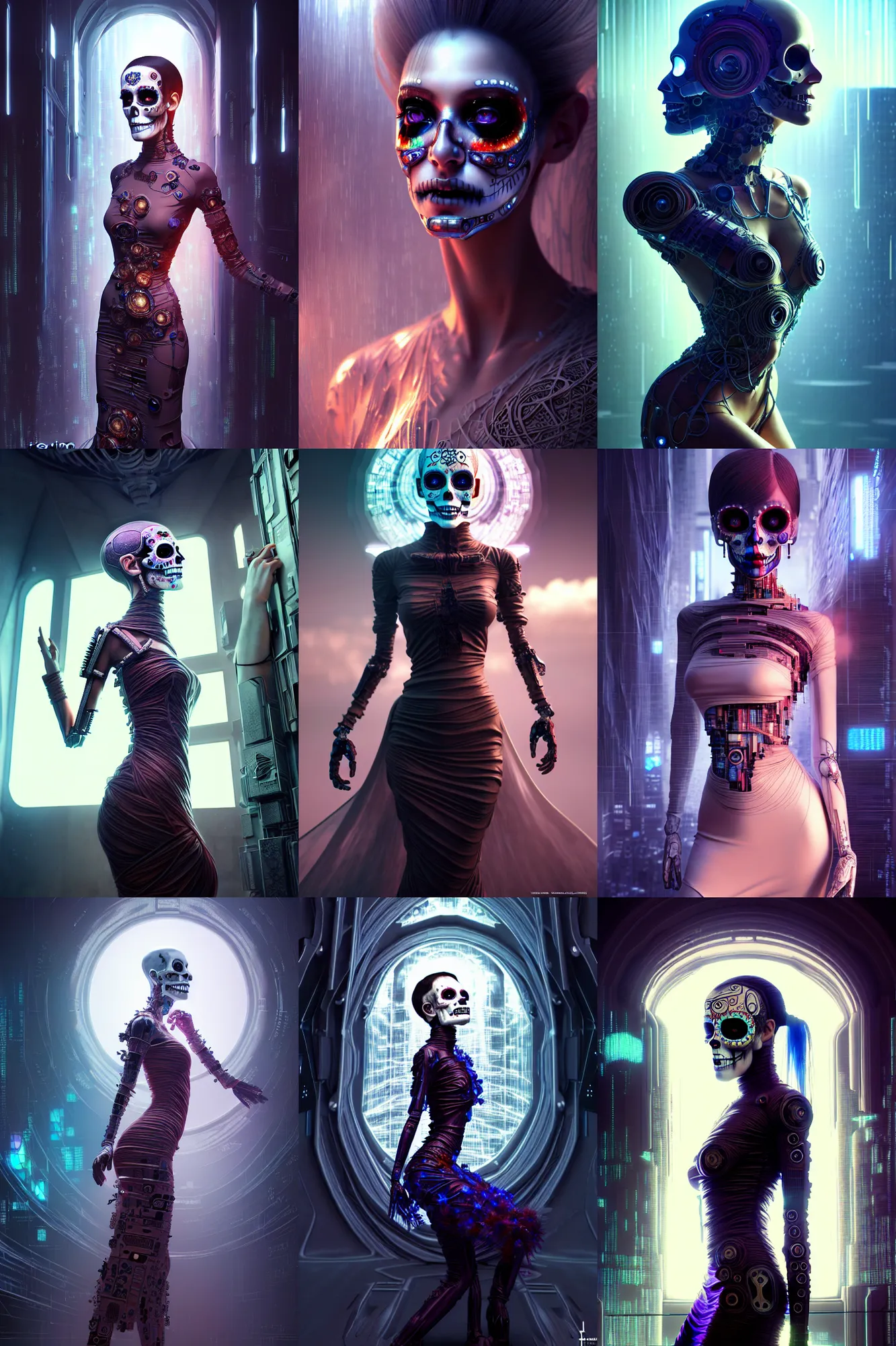 Prompt: crying! android! woman, fractal dress, octane render, emotional, fantasy, manga, concept art, pose, photorealistic, cyberpunk, cover shot, intricate detailed environment. vogue, ( ( ( el dia los muertos ) ) ), 8 k, hd. by terry o'neill and artgerm and wlop and loish and rutkowski and mucha