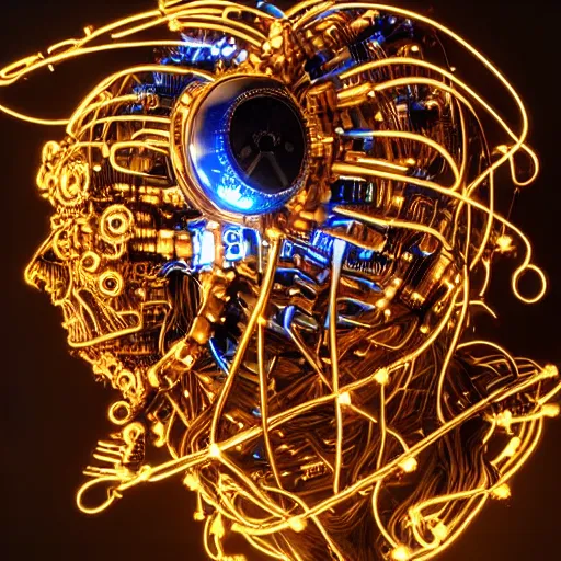 Image similar to Technological Mechanical Monstrosity Monster Cyborg head with circuits and wires and Fiber Optic Lights Scary Horror Sci-fi HDR