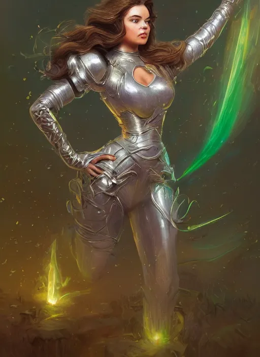 Image similar to beautiful female dorothy gale, rebecca romijn as dorothy, full body character concept, covered in full silver armor, armor plating, art nouveau, beautiful glowing emeralds, super powers, fantasy, intricate, elegant, highly detailed, digital painting, artstation, concept art, shining, sharp focus, illustration, art by stanley lau