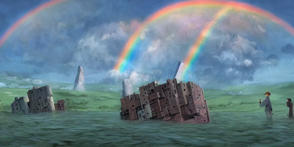 Image similar to a realistic cell - shaded concept art from howl's moving castle ( 2 0 0 4 ) of a rainbow colored cube from close encounters of the third kind ( 1 9 7 7 ) flying over a flooded stonehenge. it is a misty starry night. very dull colors, hd, 4 k, hq