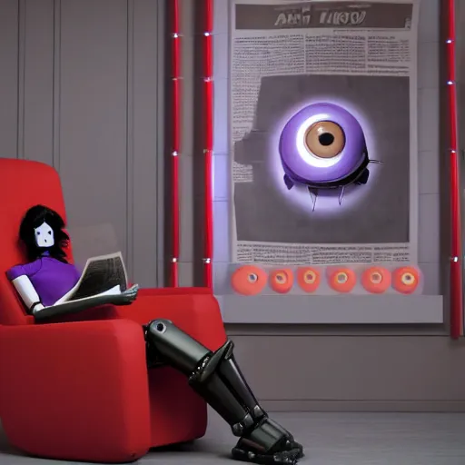 Image similar to futuristic studious matte brown and red and chrome full-body humanoid robot with two huge round expressive sad purple glowing LED eyes and open rectangular mouth sitting on a large comfortable cushioned 1950s vintage recliner reading a newspaper. open newspaper. full shot Cinematic Movie Photograph, Arri Alexa, Extremely Detailed, smooth, very very clean, 8K, octane render, maya render, unreal engine, trending on artstation, DSLR, excellent composition, center frame