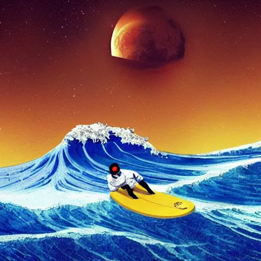 Image similar to a beautiful digital painting of an astronaut in a white and royal blue luxurious space suit surfing the great wave of Kanagawa on a chic surfboard at Pamukkale, thermal waters flowing down gold travertine terraces by greg rutkowski, during a blood moon, award winning photo, trending on artstation, highly detailed, unreal engine, octane render