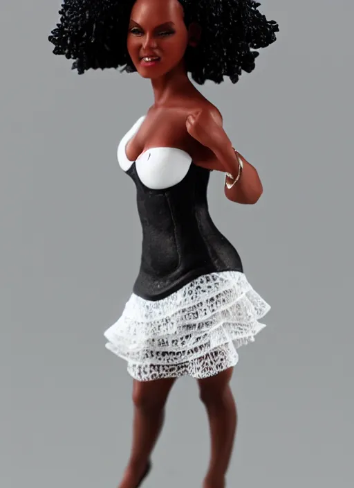 Image similar to Product Introduction Photos, 4K, Long view, Full body, 80mm resin detailed miniature of a Muscular Black Woman in white and lacy ruffled mini-skirt