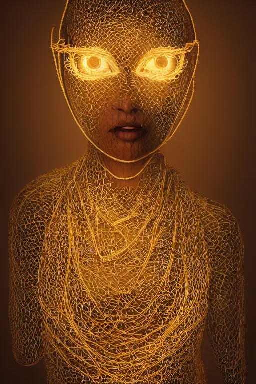 Prompt: wide angle portrait of a woman wearing a mask over her mouth made out of golden intricate wire, weaving the strings of the multiverse, dramatic, moody, backlight, photoreal, intricate complexity, manga styling, octane render