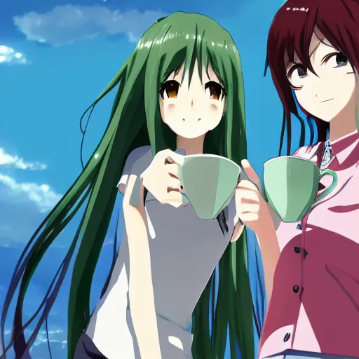 Prompt: Anime art of Makise Kurisu and Hatsune Miku drinking tea, pixiv, in the style of Makoto Shinkai, 4k, wallpaper