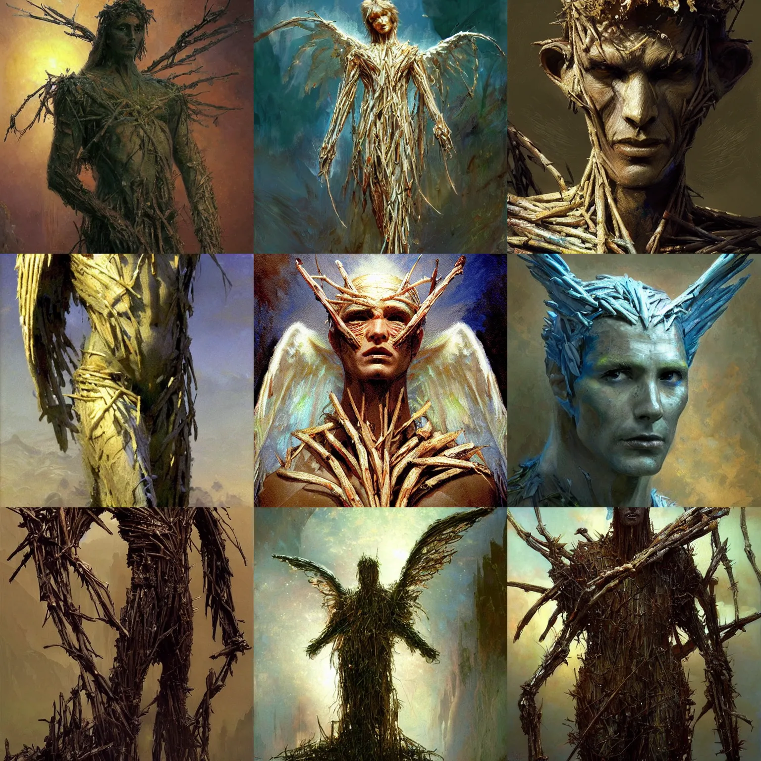 Prompt: angel man made of twigs, with a featureless face made of opal, fantasy creature art by craig mullins and gaston bussiere