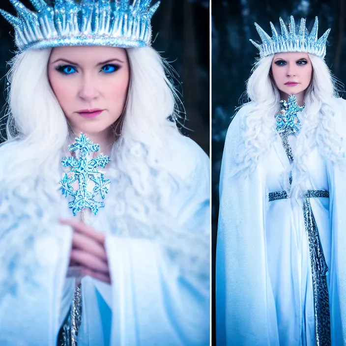 Prompt: professional photograph of a real - life ice queen with ornate robes. extremely detailed. dslr. 5 0 mm 8 k