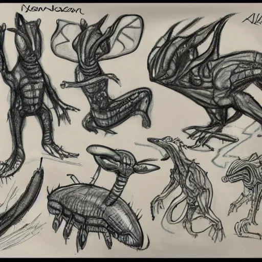 Prompt: sketches from the notebook of a xenobiologist, alien creatures