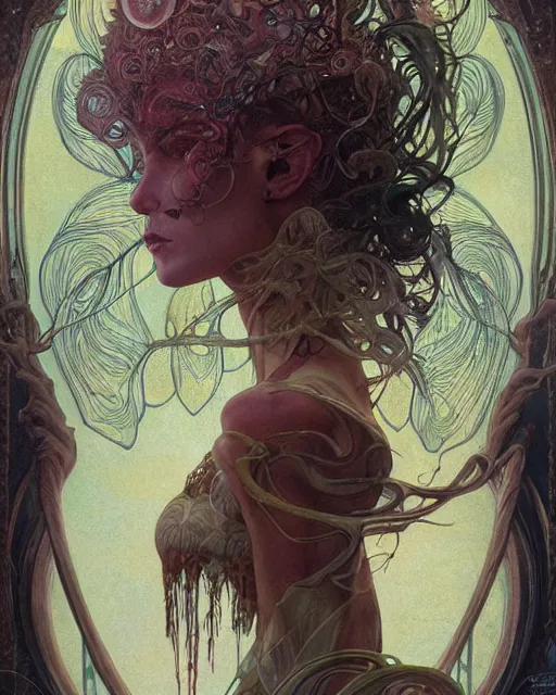 Image similar to centered portrait of a angry rotten beautiful female growing ornamentation all around, ornate, ornaments, detailed, symmetrical, end of the world, elegant, beautifully soft lit, by wayne barlowe, peter mohrbacher, kelly mckernan, alphonse mucha