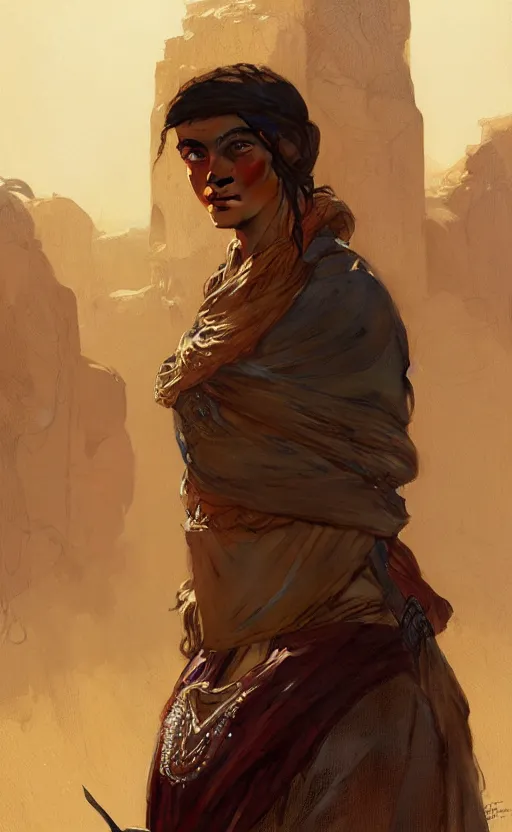 Image similar to a portrait of a bedouin, concept art, deep focus, intricate, highly detailed, digital painting, artstation, matte, sharp focus, illustration, art by greg rutkowski and alphonse mucha