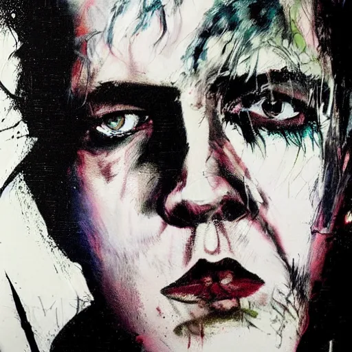 Image similar to stunning portrait of gaunt joe strummer a ( the cure fan ) as dream from sandman, dim stars as eyes, by jeremy mann, by cedric peyravernay, by by russ mills, by richard avedon and ben templesmith, dramatic lightning, sadness, dark eye sockets, in the shadows, punk rock, gothic, high detailed, 8 k