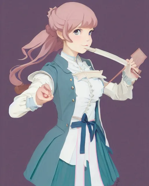 Prompt: late renaissance magical academy girl school uniform with coat, pale cyan and grey fabric, jodhpurs greg manchess painting by sargent and leyendecker, studio ghibli, fantasy, medium shot, asymmetrical, intricate, elegant, matte painting, illustration, hearthstone, by greg rutkowski, by greg tocchini, by james gilleard, by joe fenton