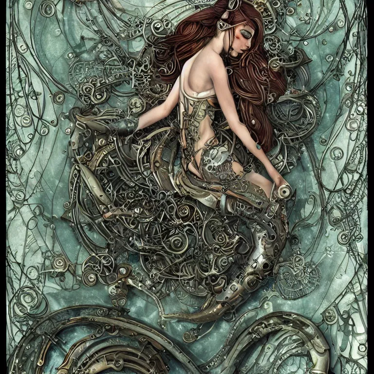 Prompt: ultra realistic illustration of mermaid cyborg steampunk art nouveau filgree scrollwork