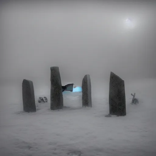 Image similar to '50 cats playing, neolithic standing stones, a haunting snow storm, fog, atmosphere, brooding clouds'