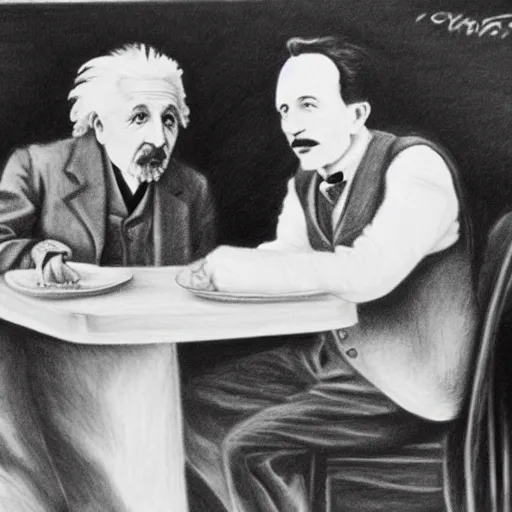 Image similar to Einstein and Tesla sitting at cafe, pencil drawing, ultra detailed