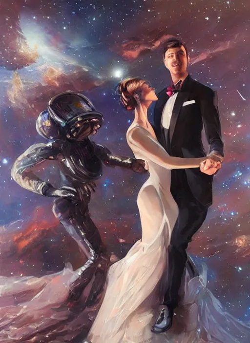 Prompt: an elegant couple, a man and a woman, dance together at a space themed ball. beautiful highly detailed faces. painting by artgerm and greg rutkowski and magali villanueve.