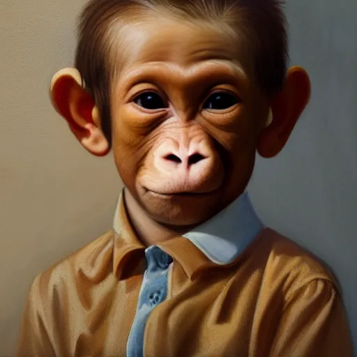 Prompt: a monkey kid cute portrait with porcelain face, dressed in a vintage shirt, conceptual art, oil fantasy painting, hyperdetailed, dramatic light, 8 k