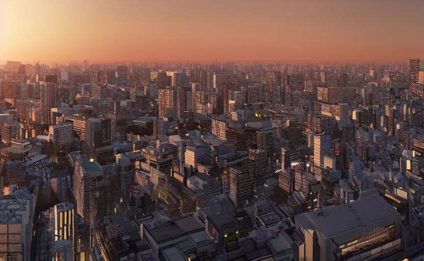 Image similar to unreal engine render of tokyo city from a rooftop view, sunset lighting, hyper realism, realistic shading, cinematic composition, blender render, octane render, hdr, detailed textures, photorealistic, ultrawide shot, 1 6 mm lens