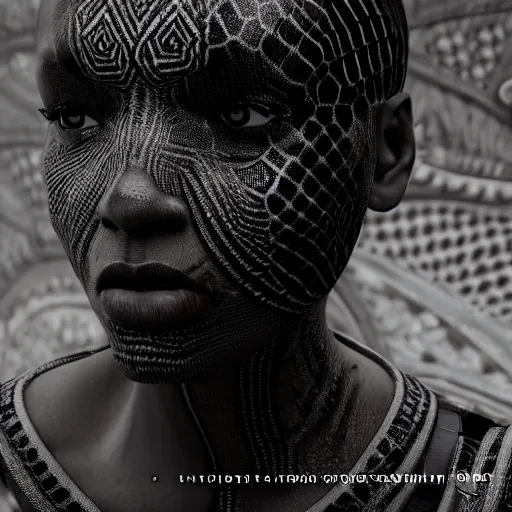 Prompt: : black human with ancient pattern skin all over hyper detailed art station  dalle2 unity contest winners unrealengine trending on artstation,cinematic, hyper realism, high detail, octane render, 8k