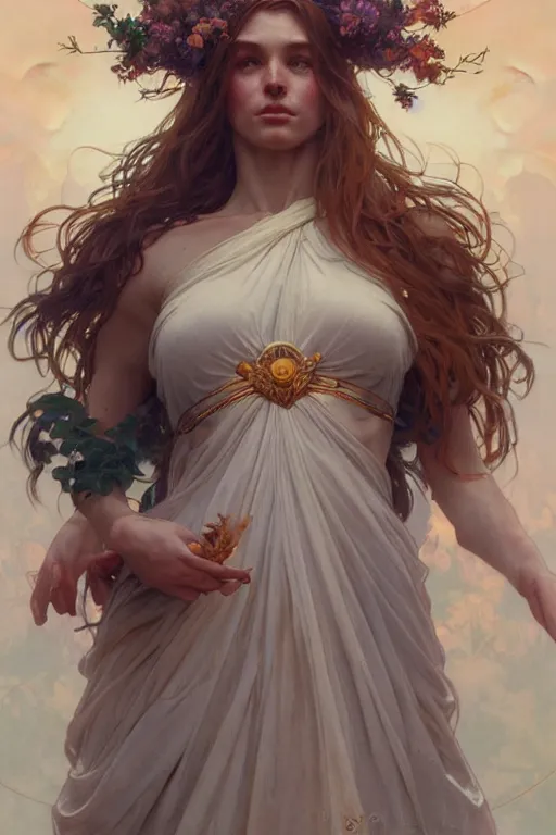 Image similar to goddess of nature, accurate anatomy, only two hands, highly detailed, digital painting, artstation, concept art, smooth, sharp focus, illustration, Unreal Engine 5, 8K, art by artgerm and greg rutkowski and edgar maxence and alphonse Mucha