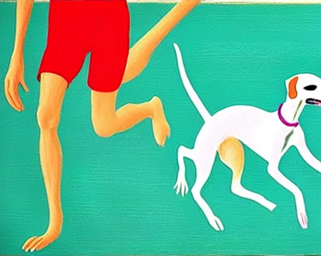 Image similar to close-up of a whippet running at beach, painting by david hockney, highly detailed