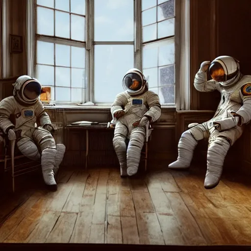 Image similar to 3 cosmonauts in a spacesuit drinks a steaming cup of tea at an old wooden desk in a richly decorated victorian house. the autumn light comes in through a window and dimly illuminates the room, diffuse light, octane render