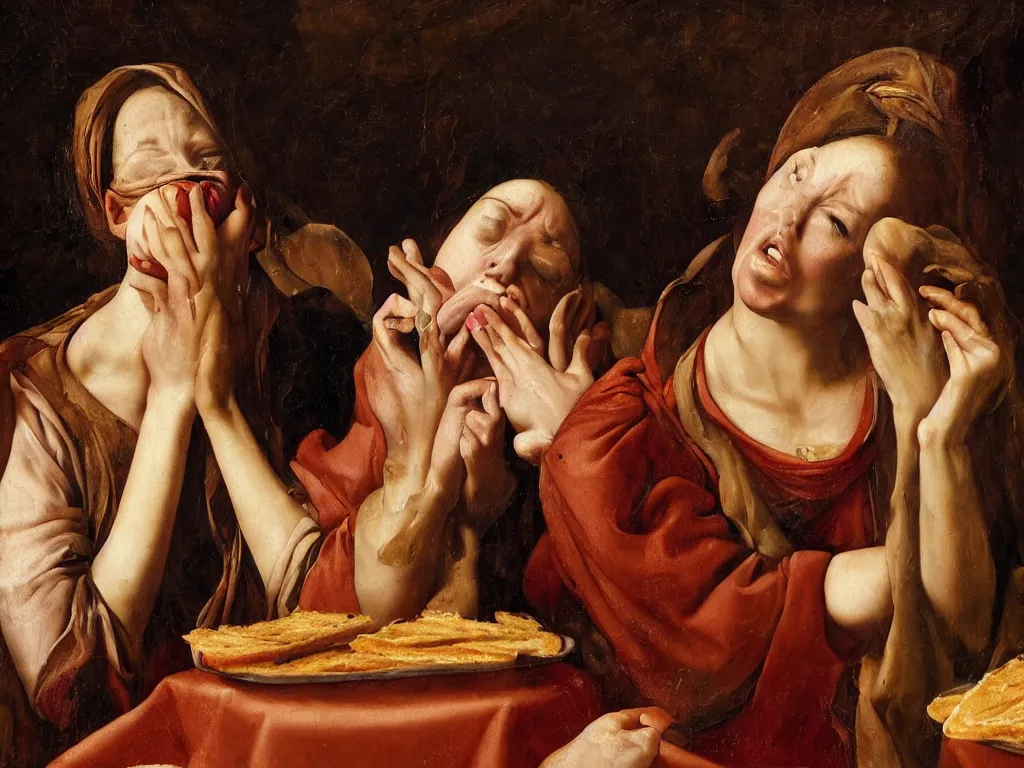 Prompt: woman very upset that she dropped her sandwich on the floor and starts bawling and crying, dramatic renaissance painting, High Definition detail, 8K