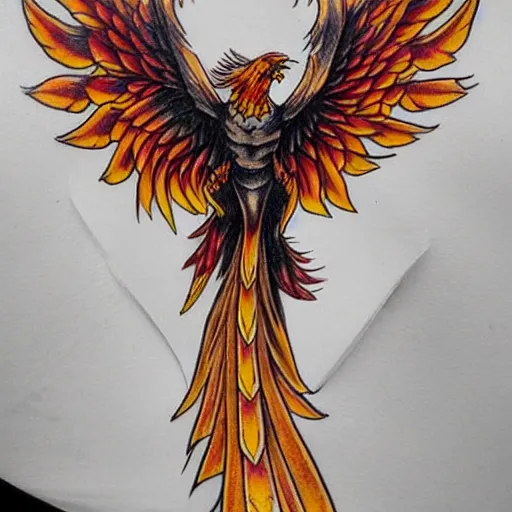 Prompt: tattoo of a phoenix, red, yellow, and black ink, hyperdetailed, realistic