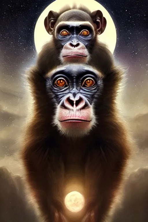 Prompt: symmetry!! ultra realistic portrait of primates with primates ear!!!!!! moon and galaxy in background!, intricate, elegant, highly detailed, digital painting, artstation, concept art, smooth, sharp focus, illustration, art by artgerm and ross tran and greg rutkowski and alphonse mucha, 8 k