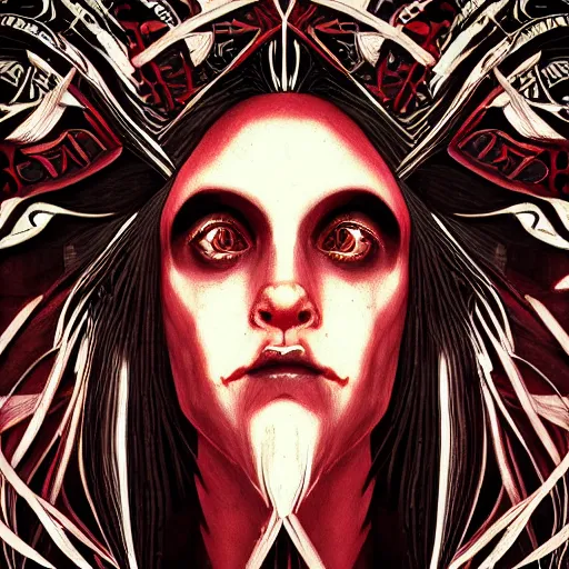 Image similar to symmetrical semi - realistic modern artnouveau mysterious creepy maniac portrait from layers of fear highly detailed sharp focus