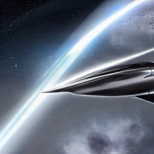 Image similar to a distant photo of a futuristic aston martin concept spaceship with clean lines, gunmetal grey paint. flying through a supernova at extreme speeds