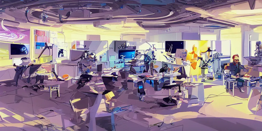 Image similar to retrofuturistic innovation hub for startups and small businesses working with virtual reality, augmented reality, AI, 5G and crypto by syd mead and ron cobb