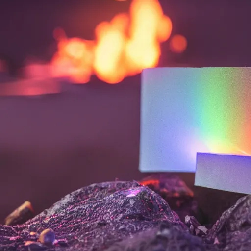 Image similar to DSLR still of a prism taking in white light on one side and splitting it into fire water wind and earth, 8k, f1.8, shallow depth of field, heavy bokeh