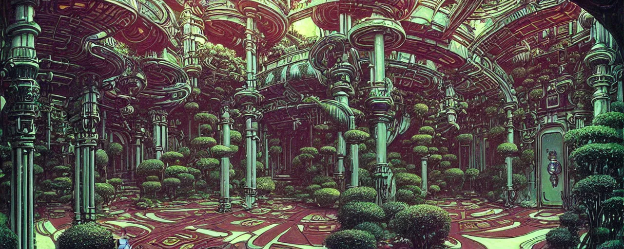 Image similar to a luxurious scifi futuristic victorian garden courtyard by killian eng, moebius, philippe druillet