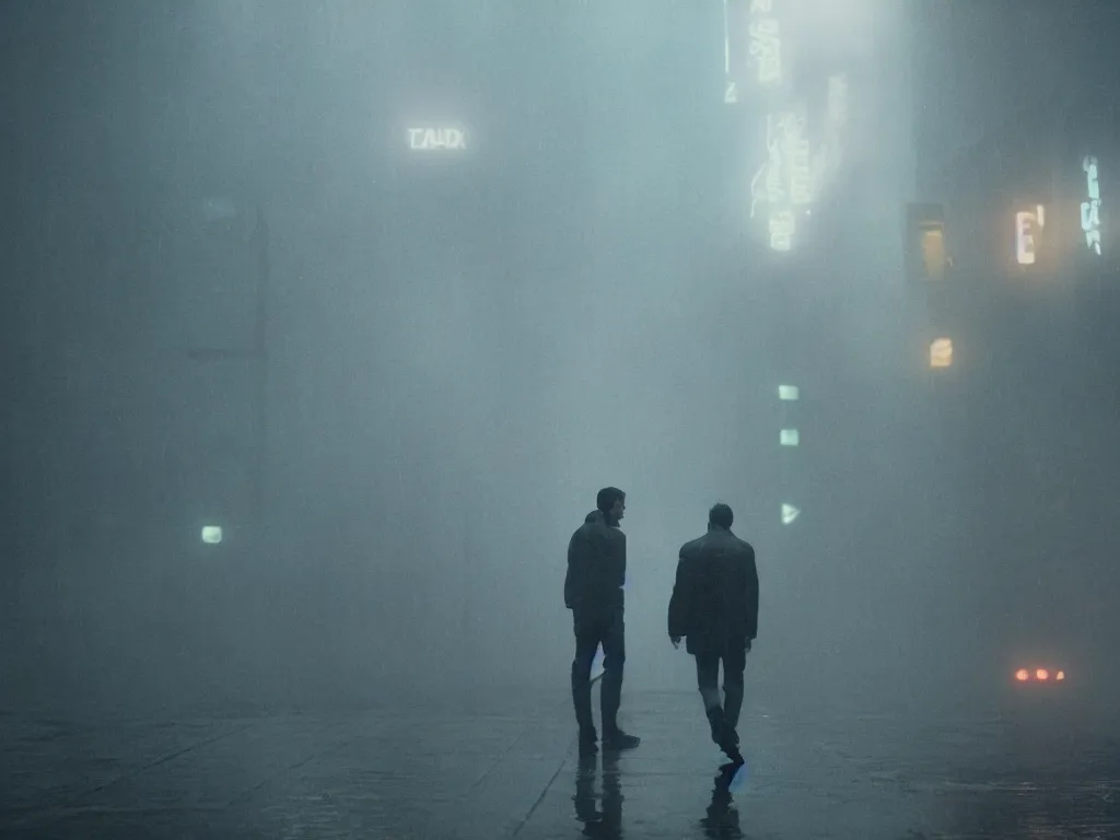 Image similar to Aaron Swartz in film still from Blade Runner 2049, beautiful lighting, raining, neon lights, cinematic depth, ultra-sharp details, imax post production, criterion collection, 8k