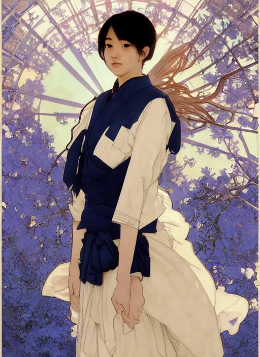 Prompt: Brazilian Japanese teen female wearing a navy and white Japanese kawaii school uniform, posing in Waikiki, sigma female, portrait art by alphonse mucha and greg rutkowski, highly detailed, digital painting, concept art, illustration, dim lighting with twilight rays of sunlight, trending on artstation, very detailed, smooth, sharp focus, octane render, close up