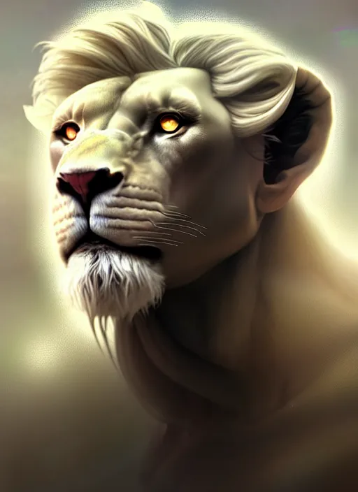 Image similar to an anthromorphic male white lion, diffuse lighting, fantasy, highly detailed, photorealistic, digital painting, artstation, illustration, concept art, smooth, sharp focus, in the style of tom bagshaw