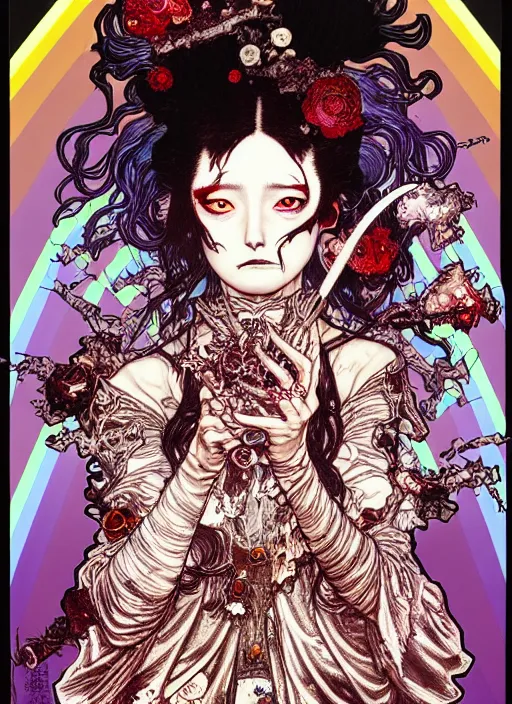 Image similar to highly detailed terada katsuya artstation ayami kojima manga poster of princess mechine open mouthed enraged damaged angry zombie, rainbow gradient reflection, long hair, armor, dress, laces, ruffles, 8 k, maximalist,, jump comics, tomer hanuka, alphonse mucha