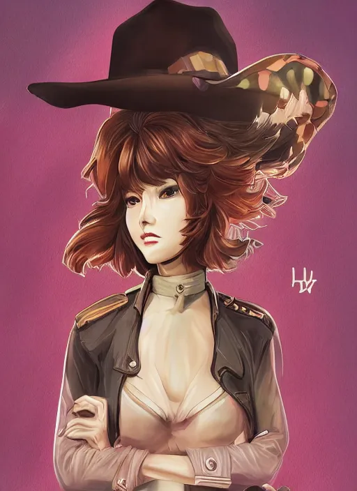 Image similar to full size persona, female sheriff, detail, ultra sharpness, beautiful female, detailed face, art by huyy nguyen, style by cain kuga, cowboy bebop art style, 3 2 beautiful color palettes with their corresponding gradient, stroke line