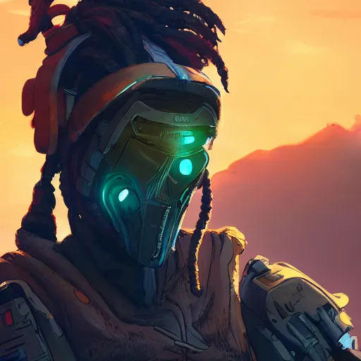 Prompt: wraith from apex legends standing in a battlefield, golden hour, sharp, trending on artstation, digital art