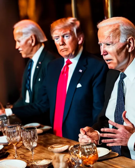 Image similar to Trump and Biden having dinner at a fancy Balinese restaurant, award winning photography, 85mm, perfect faces