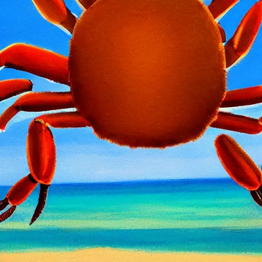 Prompt: crab on beach on sand, sea in the background, sun is shining, art by disney