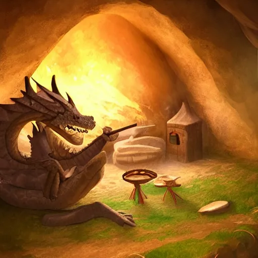 Image similar to A dragon native living in a small clay hut near a campfire, extremely stunning and detailed digital painting, cinematic, 8k, dreamy, immersive