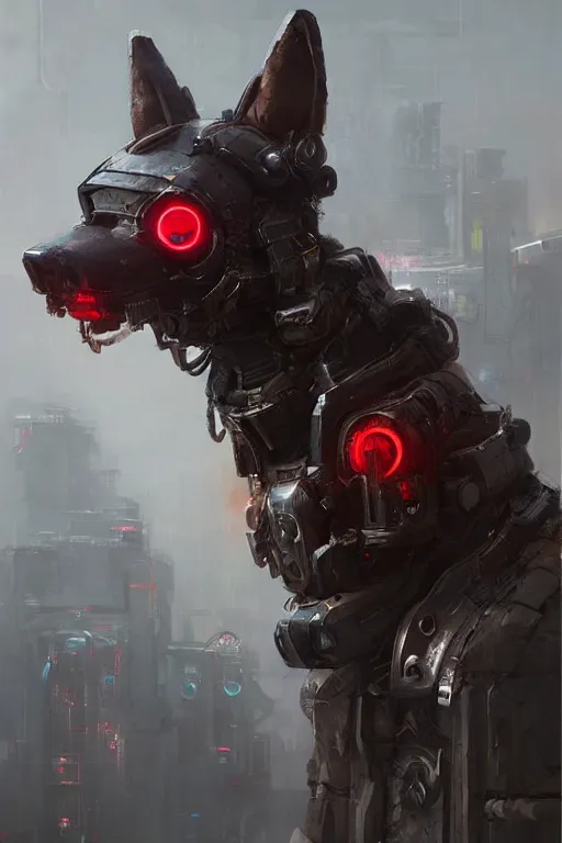 Image similar to A a very cute cyberpunk dog character, metal parts, glowing eyes, profile picture by Greg Rutkowski, Matte Painting, trending on the artstation